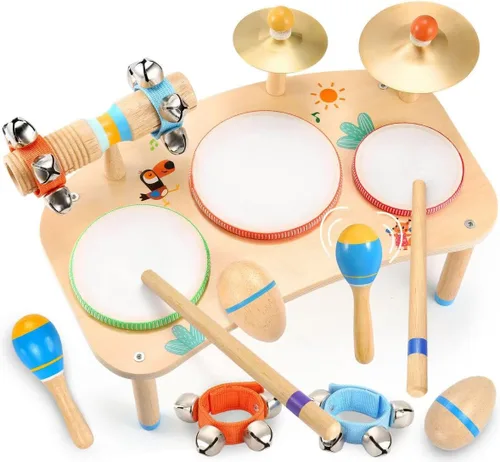 Miniatura 10 de WINGYZ Juego de batería para bebé, instrumentos musicales de madera 9 en 1 para niños pequeños de 1 a 3 años, juguetes de música Montessori