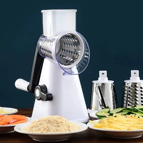Miniatura 4 de Rallador rotativo de queso, rebanador de verduras de mandolina de cocina con 3 cuchillas intercambiables, fácil de limpiar rallador giratorio