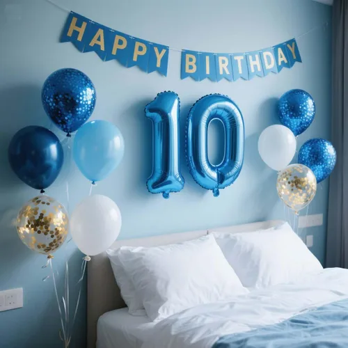 Miniatura 3 de Decoraciones de cumpleaños número 10, color azul para niños y niñas, pancarta de feliz cumpleaños número 10, globos de papel de aluminio de látex 10º