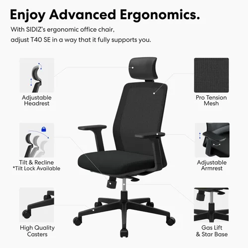 Miniatura 4 de SIDIZ Silla de oficina ergonómica T40 SE: cómoda silla de oficina en casa para usuarios ligeros con bloqueo de inclinación reclinable, T40 Se