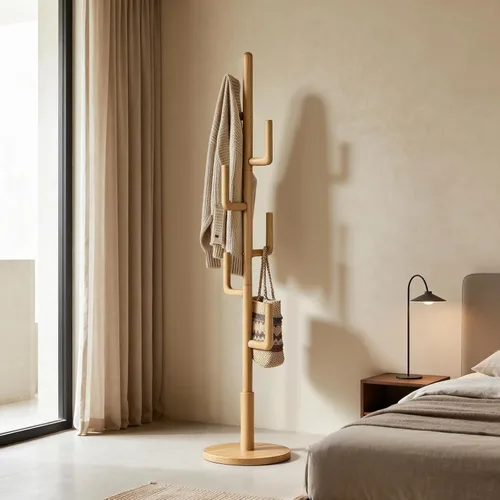 Miniatura 2 de Perchero independiente de madera maciza de cactus con 6 ganchos en forma de L y 3 tamaños ajustables, perchero para dormitorio, entrada, sala