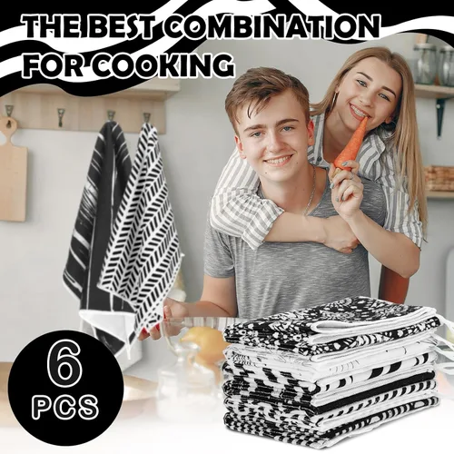 Miniatura 3 de Redbaker Juego de 6 toallas de cocina en blanco y negro con línea de arte abstracto, paños de cocina florales, paños de cocina modernos de mediados
