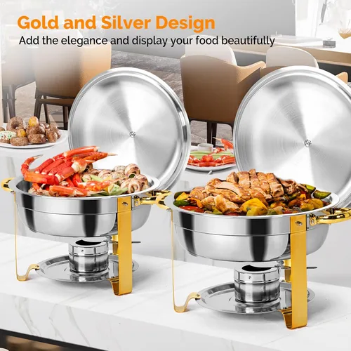 Miniatura 7 de ROVSUN Platos dorados para bufé, juego de 2 platos redondos de acero inoxidable de 6 cuartos de galón con soporte para tapa, juego de calentador