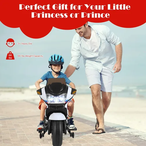 Miniatura 9 de HONEY JOY Motocicleta para niños de 12 V, vehículo eléctrico a batería para niños, ruedas de entrenamiento, luces LED, pedal de pie, suspensión