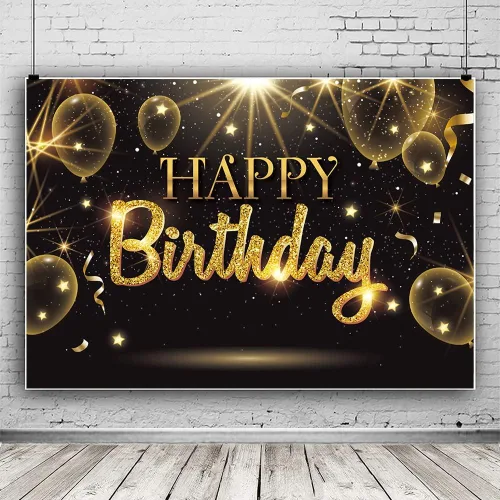 Telón de fondo negro dorado para decoración de fiesta de feliz cumpleaños, cartel de globos dorados con purpurina y estrella para cumpleaños, telón