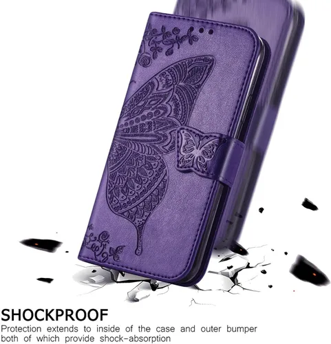 Miniatura 5 de Funda para teléfono Galaxy A14 5G, cartera con tapa para mujer, de piel sintética en relieve de mariposa con tarjeteros de crédito, correa de Púrpura