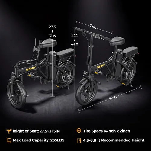 Miniatura 4 de WERHY Bicicleta eléctrica para adultos, motor de 500 W, bicicleta eléctrica plegable de velocidad máxima de 20 MPH, bicicletas eléctricas de 14