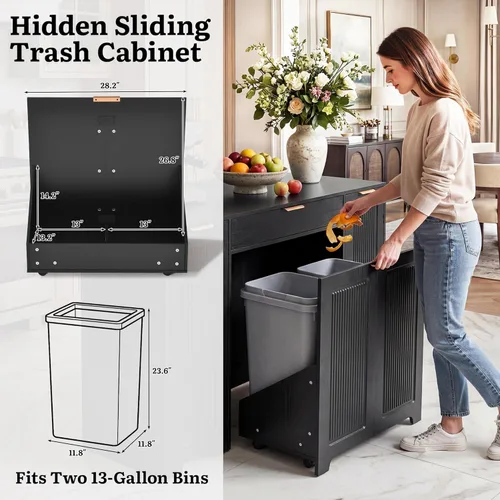 Miniatura 5 de YITAHOME Expandable Kitchen Island with Hidden Trash Cabinet, 55.1" Rolling Kitchen Island with Drop Leaf, Storage Drawer & 3-Tier Side Shelves