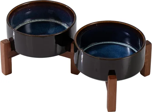 Miniatura 12 de Havniva Cuenco elevado de cerámica para perros de 6.1 pulgadas con soporte antideslizante (madera de acacia), dos opciones de altura, cuenco