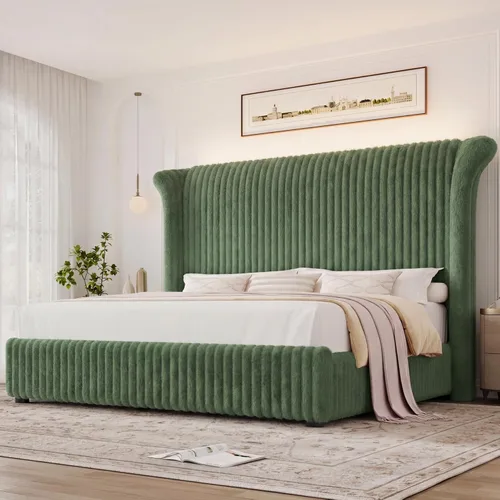 Miniatura 9 de Keyluv Marco de Cama Queen con Cabecera Alta Tipo Ala de Piel Sintética de 54", Cama Plataforma Tapizada con Luz LED, Base de Colchón con Soporte