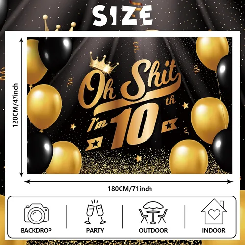 Miniatura 2 de Oh S*hit I'm 10th Banner telón de fondo negro dorado globos corona confeti Hallo Quince Cheers to 10 años decoración temática decoración para hombre