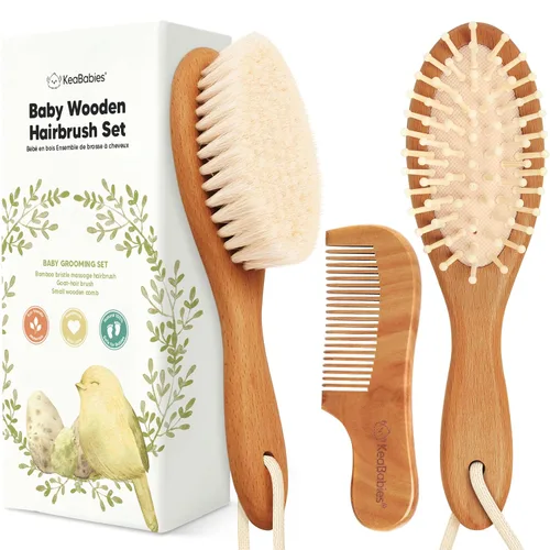 Miniatura 12 de Set de cepillo y peine para bebé recién nacido - Set de cepillo de pelo de madera para bebé con cerdas suaves de cabra, set de cepillo de bebé