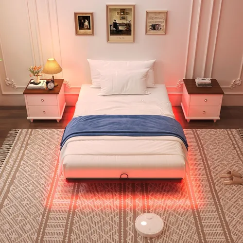 Miniatura 7 de Awesofurni Base de Cama Flotante de Tamaño Individual, Base de Cama Individual con Luces LED Inteligentes, Base de Cama Moderna de Metal Resistente