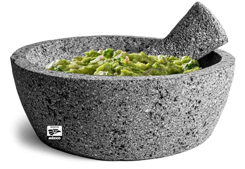 Juego Auténtico de Mortero y Pilón Mexicano Hecho a Mano de 8 Pulgadas con Base Plana, Molcajete Mexicano — Utensilio de Cocina Mexicano Perfecto