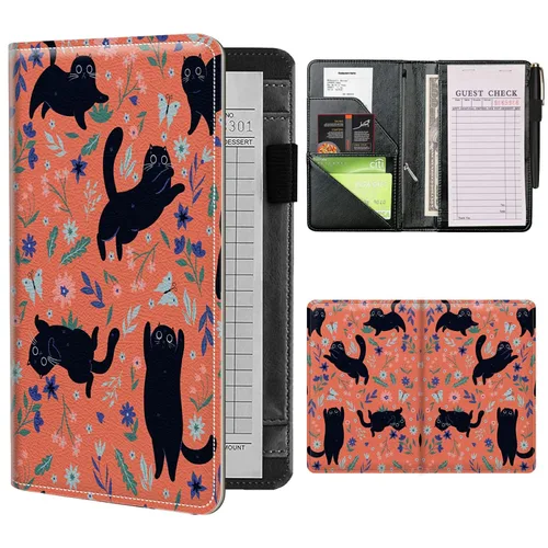 Miniatura 20 de Libros de mesero para camarera con bolsillo con cremallera, lindo esqueleto de baile, almohadillas de cuero para servidor, organizador de meseros