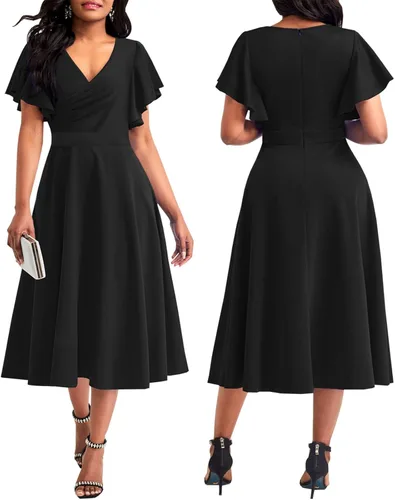 Miniatura 6 de shengfan Vestido largo de verano de manga corta para mujer, estilo casual, cuello en V profundo, vestido largo acampanado para fiesta de club