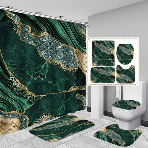 Miniatura 11 de Juego de 4 piezas de cortinas de ducha de mármol, juegos de baño modernos con cortinas de ducha, alfombra para tapa de inodoro, tapete de contorno