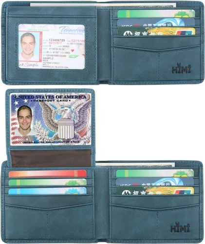 Miniatura 15 de HIMI - Cartera elegante de cuero auténtico para hombre, con bloqueo de interferencia de radiofrecuencia (RFID), con 2 ventanas para identificación