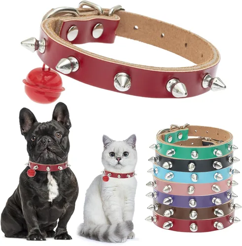 Miniatura 15 de BINGPET Collar de piel con clavos para gatos con campanas, collar de perro tachonado con hebilla, collares góticos suaves para gatitos con púas