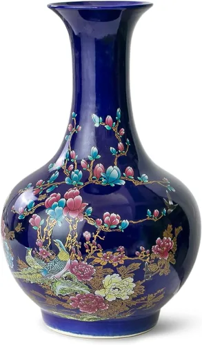 Miniatura 9 de Dahlia Famille - Florero de rosa, hecho a mano, porcelana china, pájaros en peonía, forma de botella china de 8.5 pulgadas