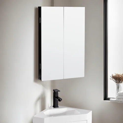 Miniatura 12 de eclife Armario de medicina de esquina de baño de 24 pulgadas con espejo, gabinete de espejo de pared negro de una sola puerta, gabinete