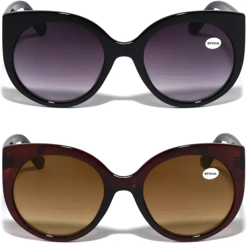 Miniatura 2 de 2 pares de lentes de sol bifocales de lectura de gran tamaño para mujer, lentes de lectura degradadas, lentes tintadas vintage, redondas, ojo de gato