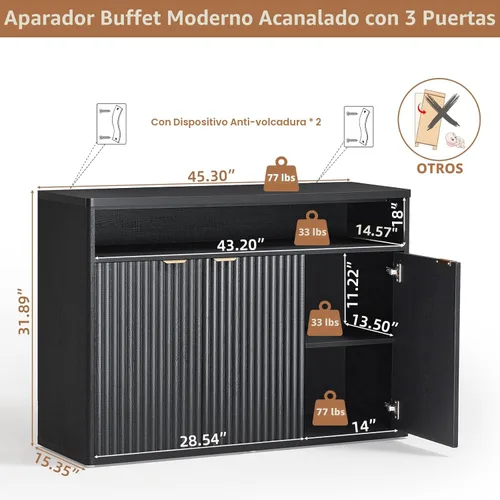Miniatura 2 de LEYAOYAO Gabinete de buffet acanalado con almacenamiento, aparador de madera de 45 pulgadas de ancho con 3 puertas y estante de almacenamiento
