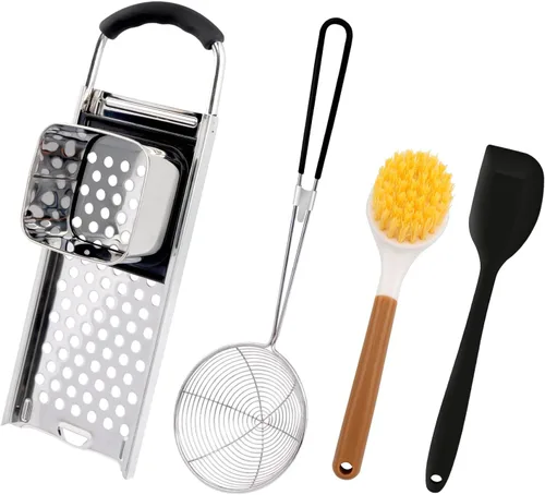 4 piezas de acero inoxidable Spaetzle Maker con mango de agarre cómodo, cuchara coladora de araña con cepillo de limpieza, herramienta casera para