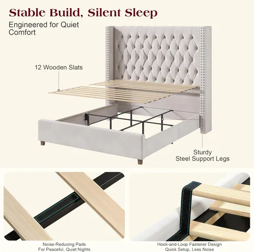 Miniatura 7 de PaPaJet Base de cama California King con cabecera de ala de 61.4 pulgadas de alto, plataforma tapizada de terciopelo, no necesita somier, sin ruido