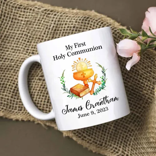 Miniatura 3 de Tazas personalizadas de la Santa Comunión de 11 onzas y 15 onzas, taza de café blanca con texto en inglés "My First Holy Communion", regalos