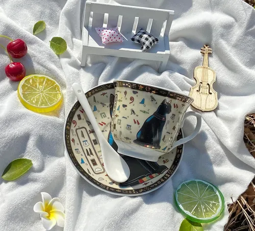 Miniatura 2 de Juego de tazas y platillos de café expreso de cerámica dorada egipcia, taza Demitasse de 3.4 oz/3.4 fl oz, regalo de porcelana para cumpleaños