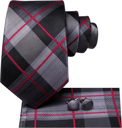 Miniatura 123 de Hi-Tie Corbata clásica de cachemira para hombre con pañuelo y gemelos a cuadros