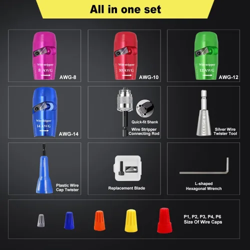 Miniatura 6 de Pelacables para taladro, herramienta automática de pelado y torsión de cables para AWG calibre 14-12-10-8 con adaptador de taladro, herramienta
