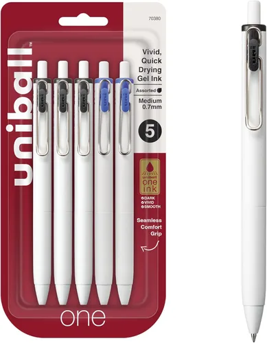 Uniball One Bolígrafos de gel retráctiles, punta media (0.028 in), tinta negra y azul, paquete de 5 Negro/Azul