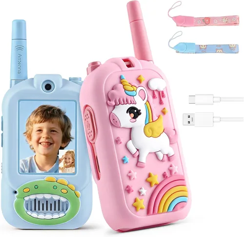 Miniatura 9 de Walkie Talkies de video para niños, paquete de 2 cajas de regalo recargables para niños con estuche de silicona, walkie talkies para jugar