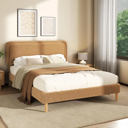 Base de cama de plataforma Boucle tamaño Queen con cabecera ajustable (3 alturas), cama de nube tapizada, esquinas redondeadas suaves, no necesita