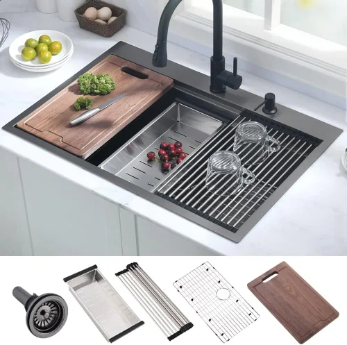 Miniatura 9 de Fregadero de cocina de acero inoxidable de 25 x 20 x 10 pulgadas, con caída en la parte superior, calibre 16, cuenco individual profundo, fregadero