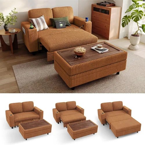 Miniatura 38 de LINSY HOME - Sofá cama extraíble modular con sección para dormir, con almacenamiento, sofá seccional de pana mullida para sala de estar, sofá cama