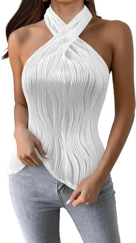 Miniatura 4 de SOFIA'S CHOICE Camiseta sin mangas sexy con cuello halter para mujer, con textura cruzada