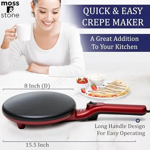 Miniatura 4 de Máquina de crepé eléctrica Moss & Stone de 8 pulgadas, máquina de crepé portátil y placa caliente con interruptor de encendido/apagado, Rojo