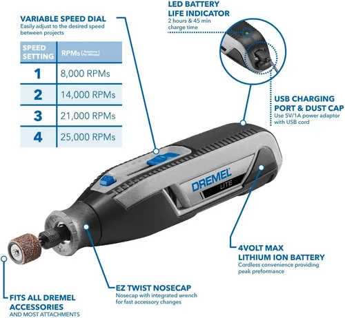 Miniatura 4 de Dremel Lite 7760 N/10 - Herramienta rotativa inalámbrica con batería de 4V Li-Ion, velocidad variable, multipropósito, Kit de herramientas rotativas