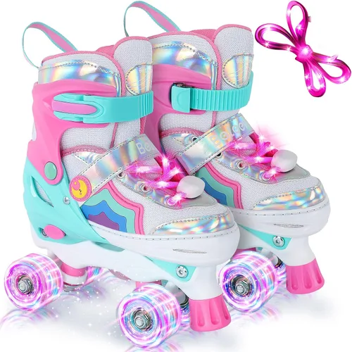 BELEEV Patines de ruedas para niñas, 4 tamaños ajustables con 8 ruedas LED iluminadas y cordones de zapatos, seguros y divertidos para niños