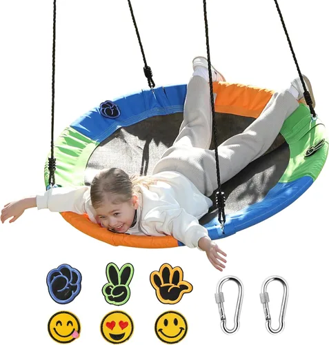Miniatura 9 de Asiento de columpio de árbol de platillo para niños de 40 pulgadas para exteriores, columpio redondo para niños, resistente, seguro, duradero, fácil