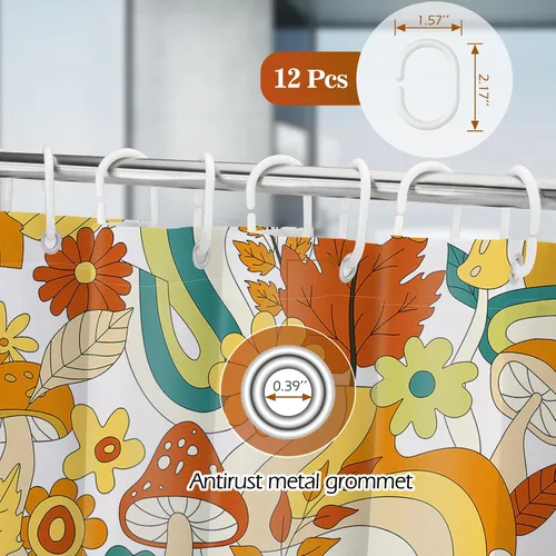 Miniatura 2 de Aimego Cortina de Ducha Pequeña para Cabina - Lindo Hongo Retro Boho Floral de los Años 70 Planta Funky Groovy Flores Hippie Estrecha Media Tela