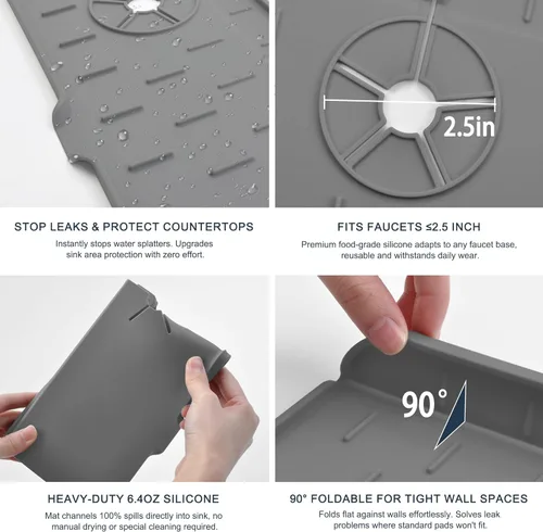 Miniatura 5 de Protector contra salpicaduras para grifo de cocina, alfombrilla de silicona para atrapar agua, almohadilla de drenaje para fregadero detrás del Gris