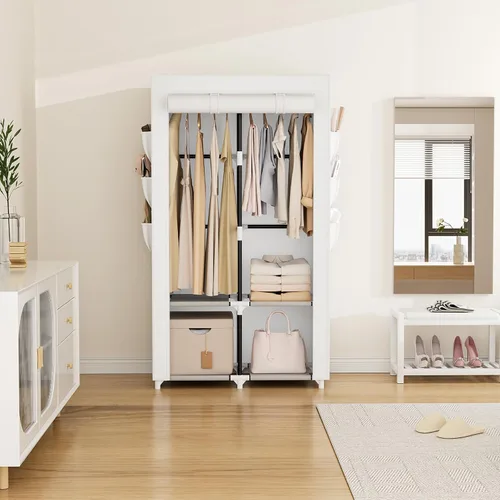 Miniatura 2 de VTRIN Armario Portátil Guardarropa Armario para Colgar Ropa con 4 Estantes de Almacenamiento, 2 Varillas para Colgar y 6 Bolsillos, Perchero Estable