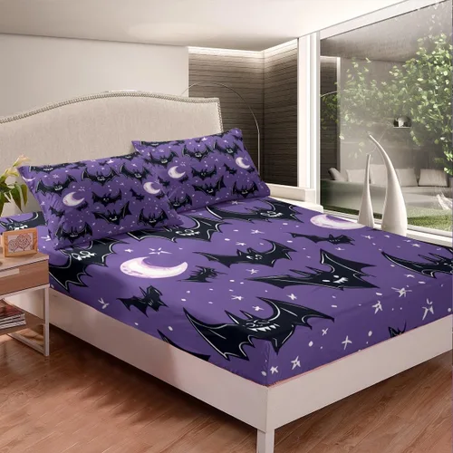 Miniatura 2 de Lindas sábanas de murciélagos tamaño individual, juego de sábanas de Feliz Halloween para niños y niñas, Kawaii cielo estrellado estrellas luna