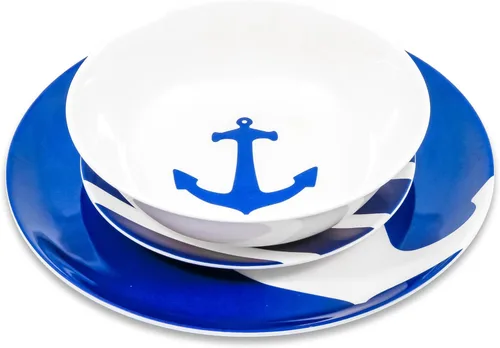 Miniatura 3 de Camco Juego de vajilla de melamina de 12 piezas - Presenta diseño náutico azul y blanco - Incluye 4 cuencos, 4 platos de ensalada y 4 platos llanos