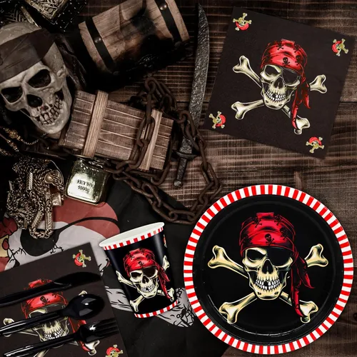 Miniatura 3 de DYLIVeS Suministros para fiesta de pirata, decoraciones de fiesta temática de pirata rojo, cráneo, cornisa pirata, regalos de fiesta de cumpleaños