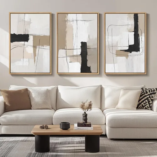 Miniatura 30 de Arte de pared abstracto neutro con marco grande para sala de estar, 3 piezas, impresiones modernas en lienzo para paredes, cuadros negros y beige